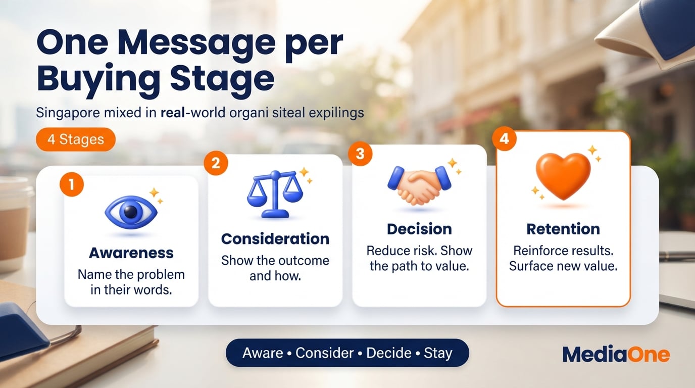 Marketing Messaging Strategy: How to Build One That Drives Conversions 1 Four buying stages in a marketing messaging strategy, from awareness to retention, with each message's job