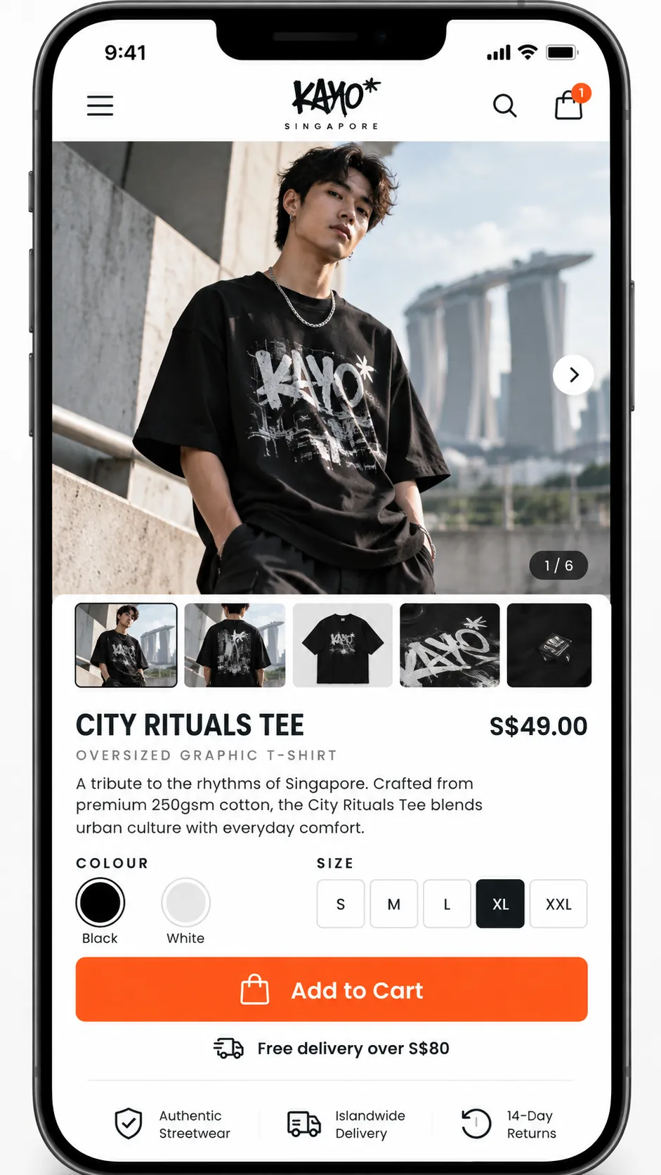 Call to Action Strategies for Singapore Audiences: Evidence-Based Approaches with Local and Global Examples 6 Mobile product page for a Singapore streetwear brand, with an orange 'Add to Cart' button and 'Free delivery over S$80' beneath. call to action