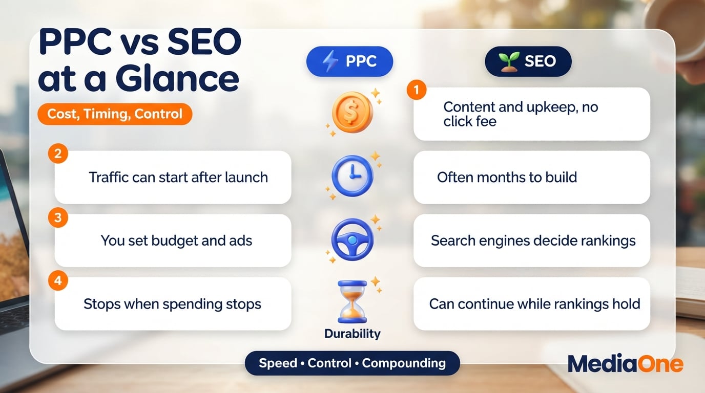 PPC vs SEO: Which Should Your Singapore Business Choose in 2026? 1 PPC vs SEO compared on cost structure, timing, control and how long visibility lasts