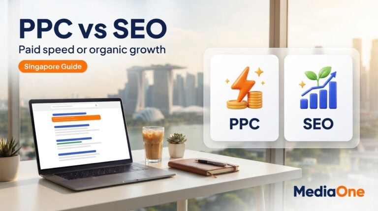 PPC vs SEO banner comparing a paid-search lightning bolt with an organic-growth seedling on a desk overlooking Marina Bay