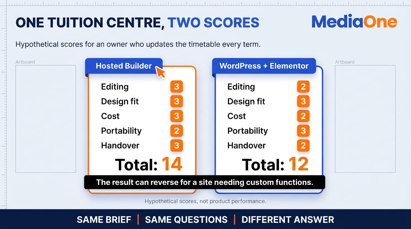 Web Design Tools in 2026: How to Choose, Compare and Use the Right Ones 3 Worked example scoring two web design tools for a Singapore tuition centre: hosted builder 14, WordPress 12