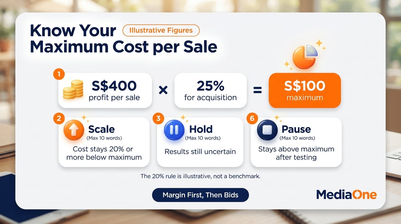 PPC vs SEO: Which Should Your Singapore Business Choose in 2026? 2 Illustrative PPC cost threshold: S$400 profit per sale with 25% for acquisition gives a S$100 maximum, with scale, hold and pause rules
