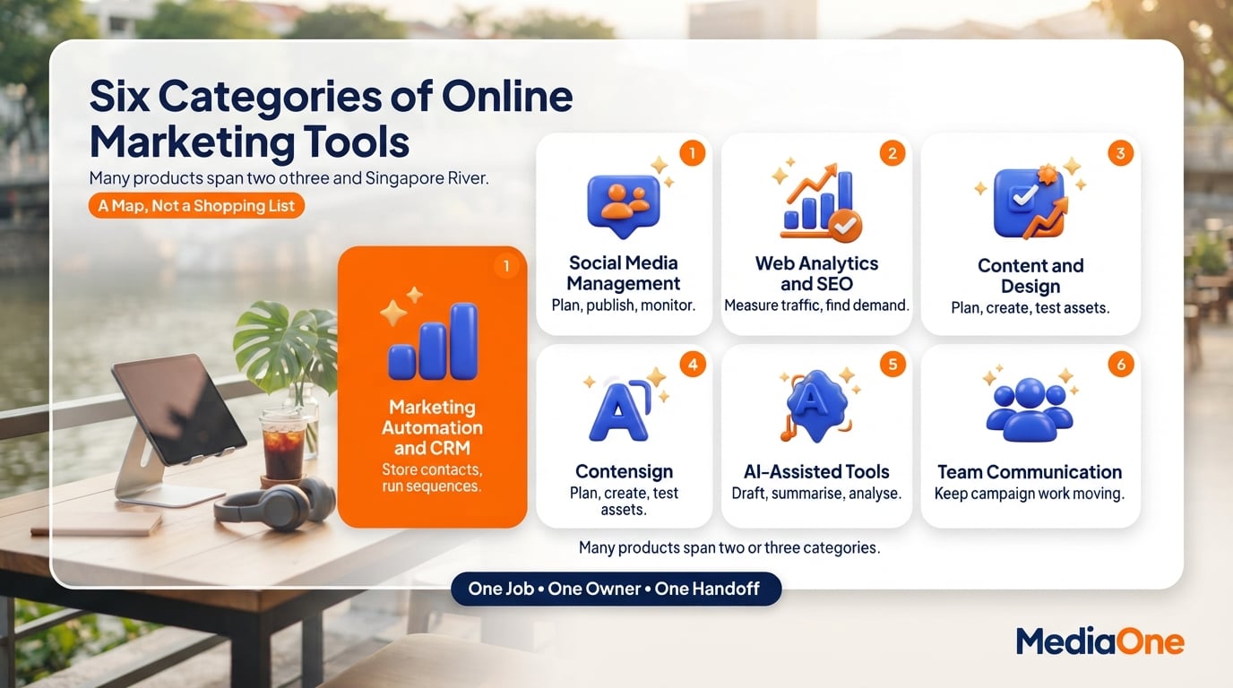 Online Marketing Tools: A Practical Guide for Singapore Businesses in 2026 1 Six categories of online marketing tools, from social media management to team communication
