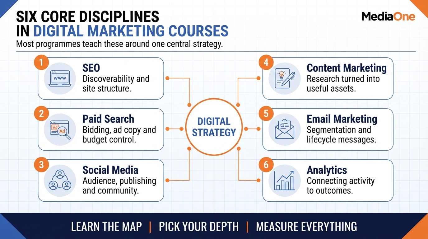 Digital Marketing Courses in Singapore 2026: Your Guide to Choosing the Right Programme 1 Six core disciplines taught in most digital marketing courses, linked to a central strategy