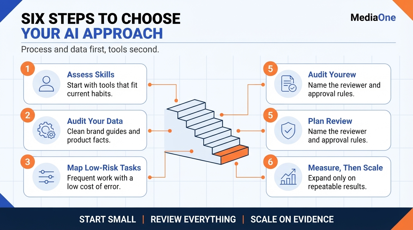 Generative AI Marketing in Singapore: A Practical Guide for SMEs 2 Six steps for choosing generative AI marketing tools and workflows
