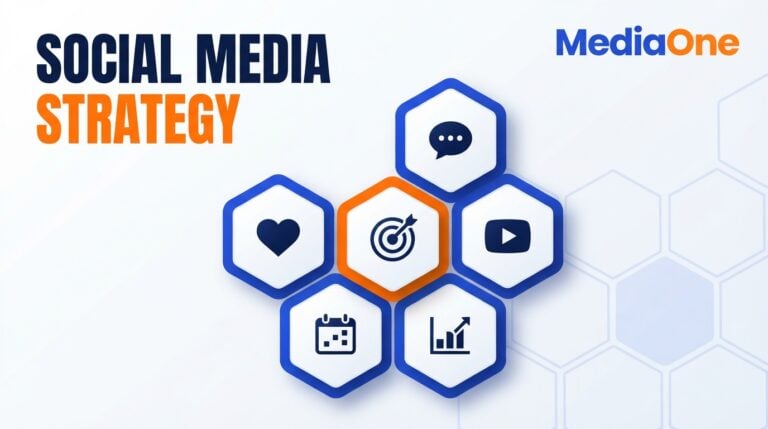 Social media marketing strategy hero showing connected platform icons around a central target