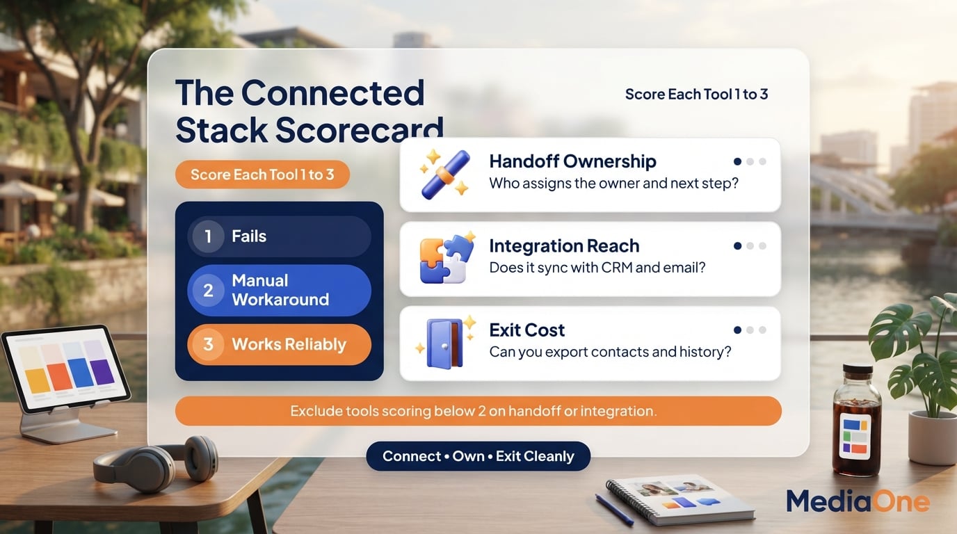 Online Marketing Tools: A Practical Guide for Singapore Businesses in 2026 3 Connected Stack Scorecard rating online marketing tools on handoff ownership, integration reach and exit cost