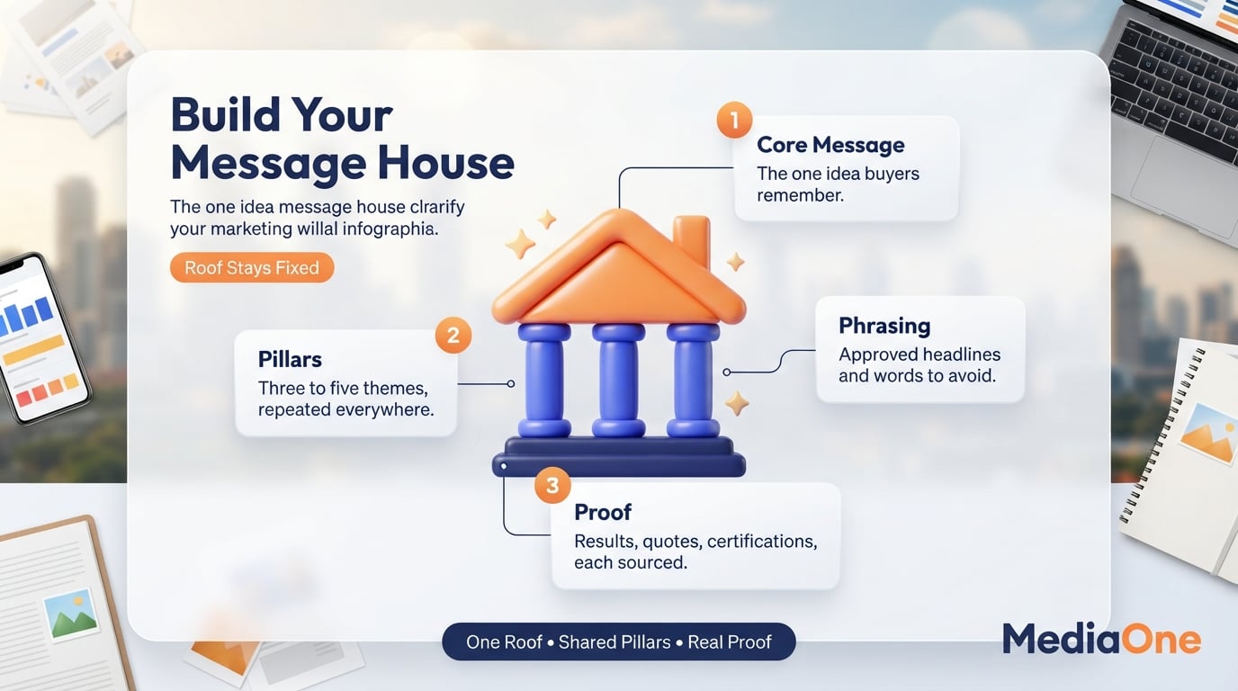 Marketing Messaging Strategy: How to Build One That Drives Conversions 3 Message house for a marketing messaging strategy with core message, pillars and proof
