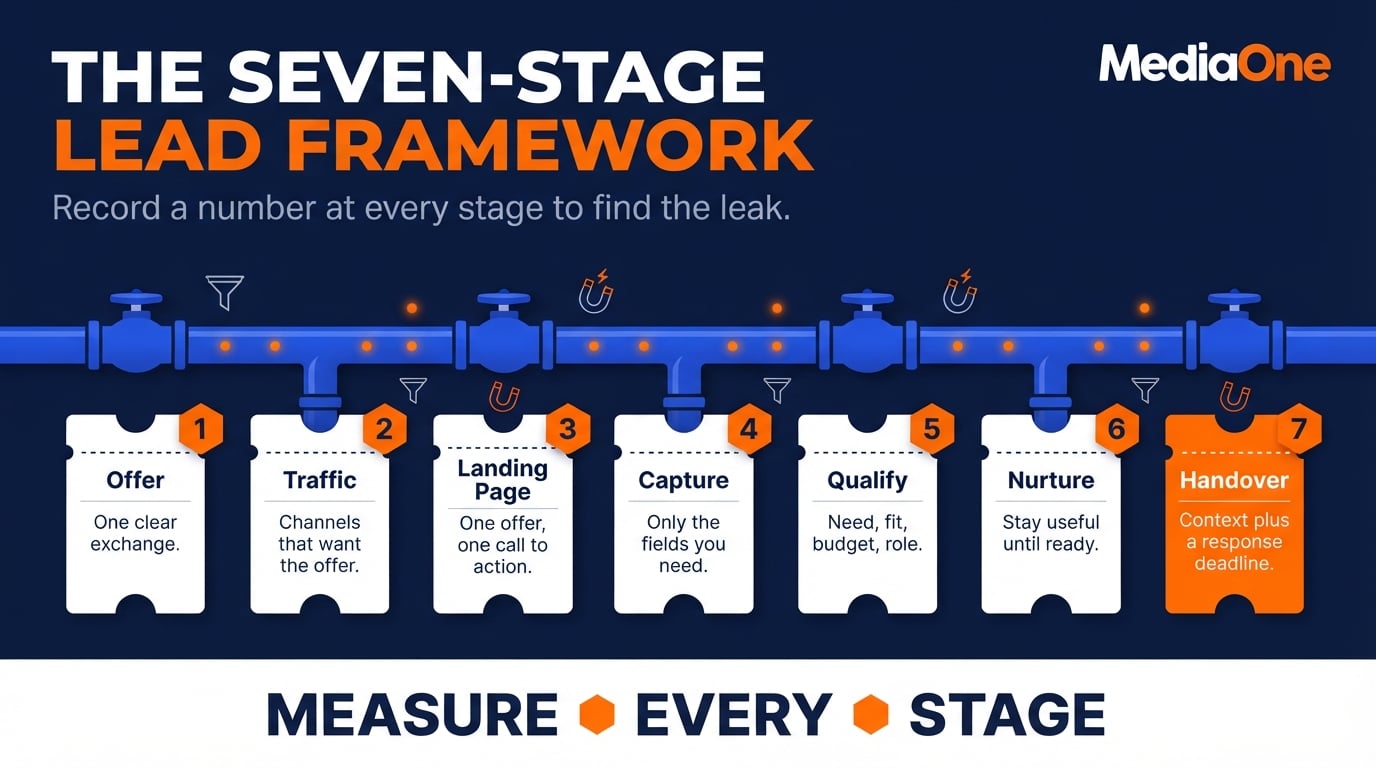 Digital Marketing Leads: How Singapore Businesses Generate, Qualify and Convert Enquiries 3 Seven-stage framework for generating digital marketing leads, from offer to sales handover