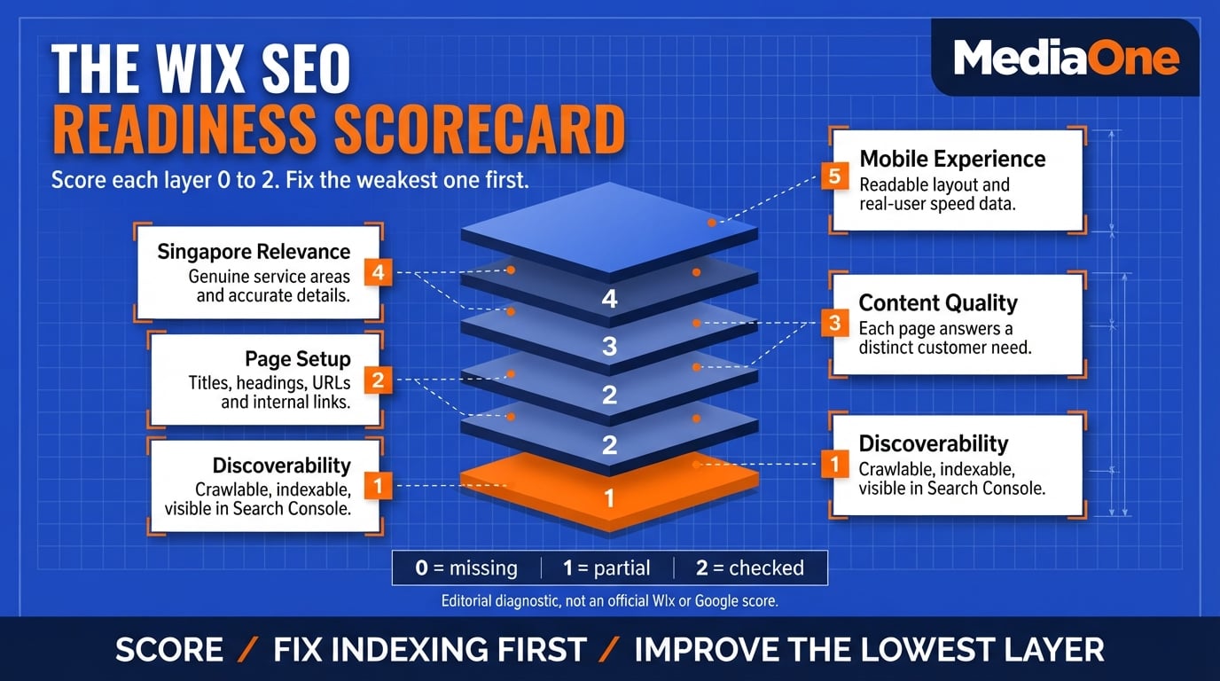 Wix SEO in 2026: What Works for Singapore Businesses 1 Wix SEO Readiness Scorecard rating five layers from 0 to 2 for a total out of 10