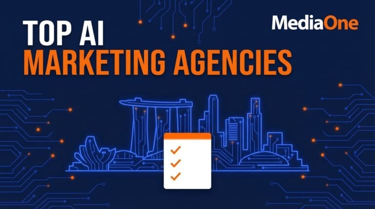 Top AI marketing agencies in Singapore hero showing a circuit-lined skyline and a shortlist checklist