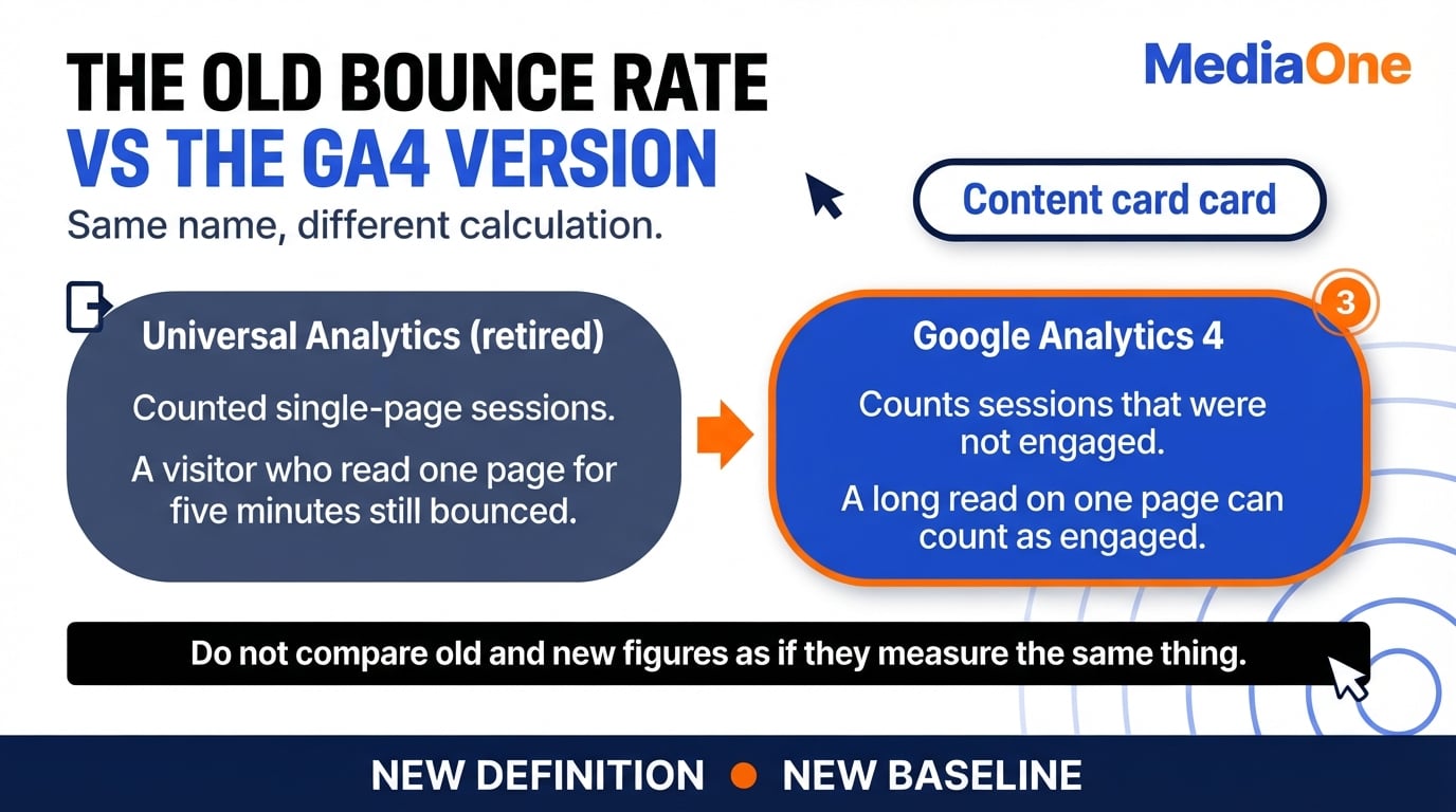 How to Reduce Bounce Rate: A Practical Guide for Singapore Website Owners 2 Bounce rate in Universal Analytics compared with GA4, from single-page sessions to non-engaged sessions