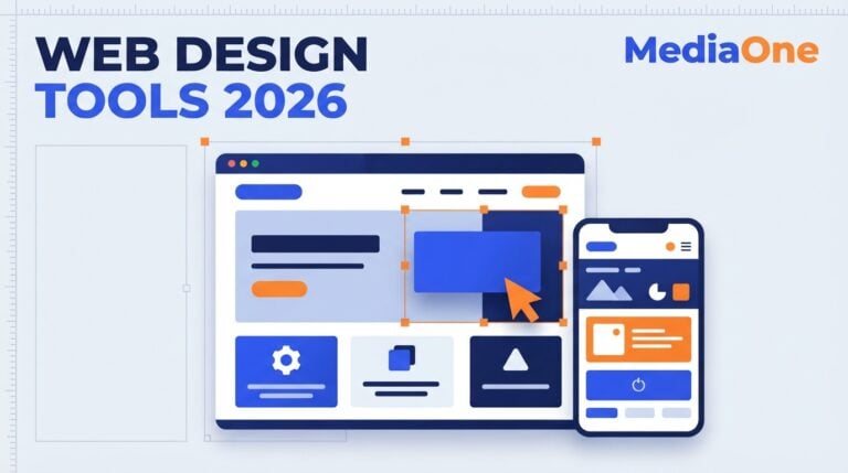 Web design tools hero showing a website layout on a design canvas with a cursor and mobile preview