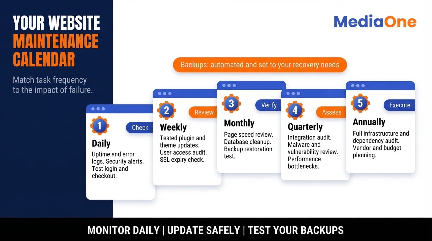 Website Maintenance: A Complete Guide to Keeping Your Site Secure, Fast and Functional 1 Website maintenance calendar showing daily, weekly, monthly, quarterly and annual tasks