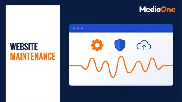 Website maintenance hero showing a browser window with security, speed and backup icons