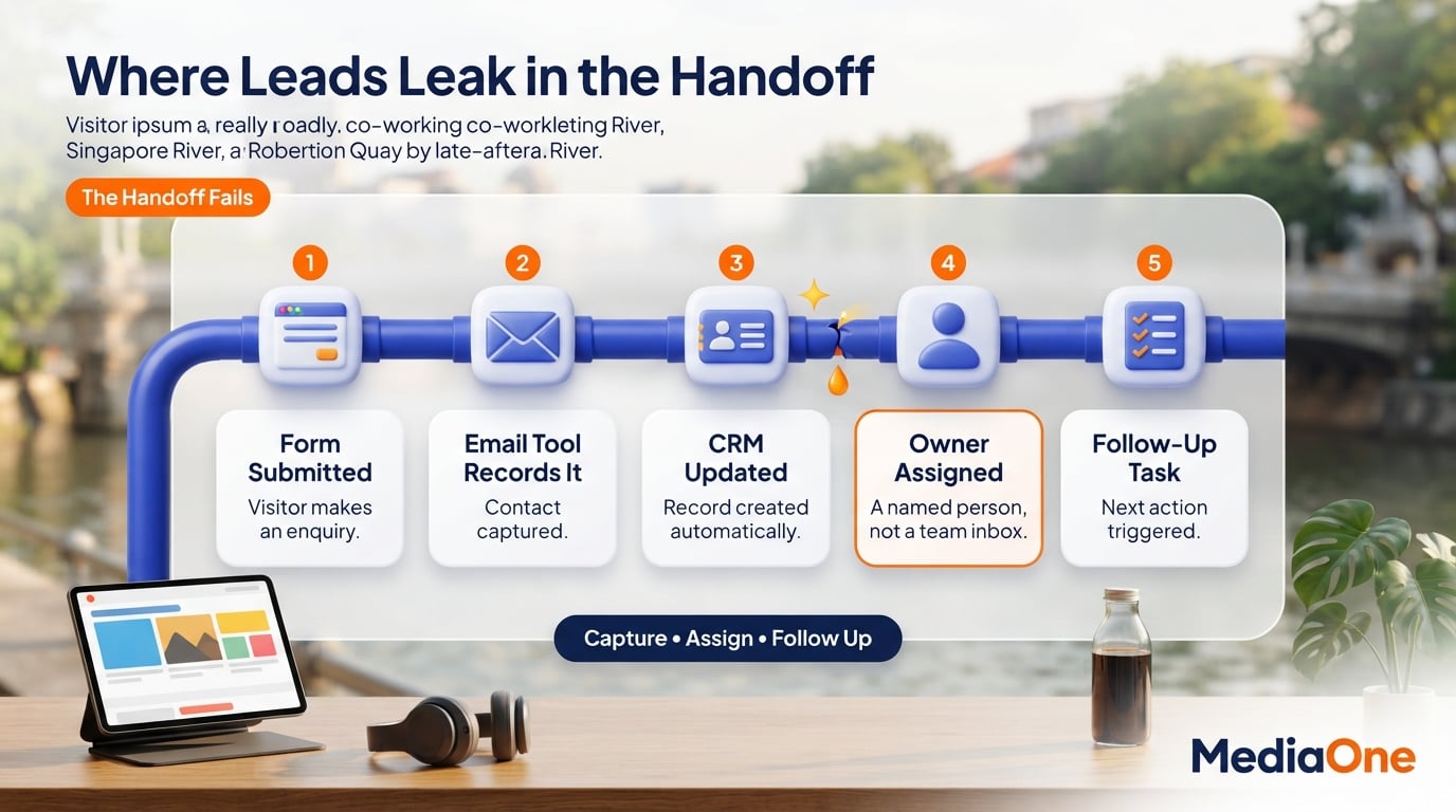 Online Marketing Tools: A Practical Guide for Singapore Businesses in 2026 2 Lead handoff across online marketing tools, from web form to CRM, owner and follow-up task