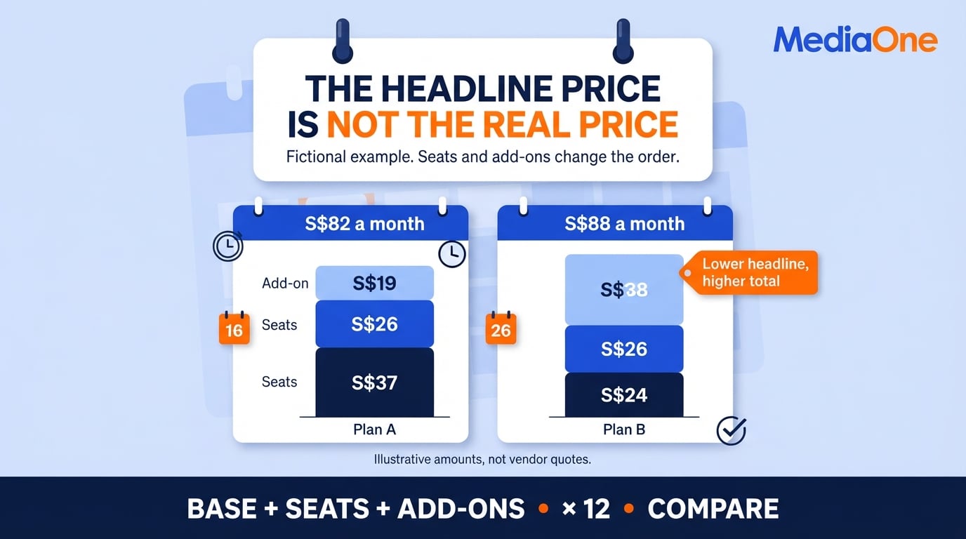 Content Scheduler Tools in 2026: How to Choose the Right One for Your Team 4 Fictional cost comparison showing how seats and add-ons change the monthly price of content scheduler tools