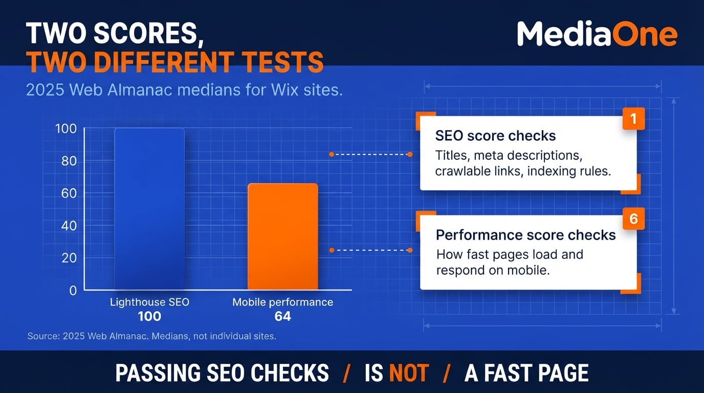 Wix SEO in 2026: What Works for Singapore Businesses 2 Wix SEO median Lighthouse score of 100 compared with a median mobile performance score of 64