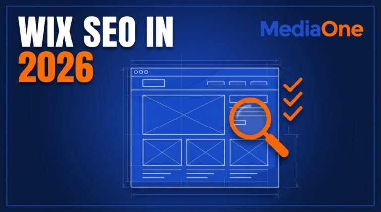 Wix SEO hero showing a website wireframe linked to a search bar and indexing checkmarks