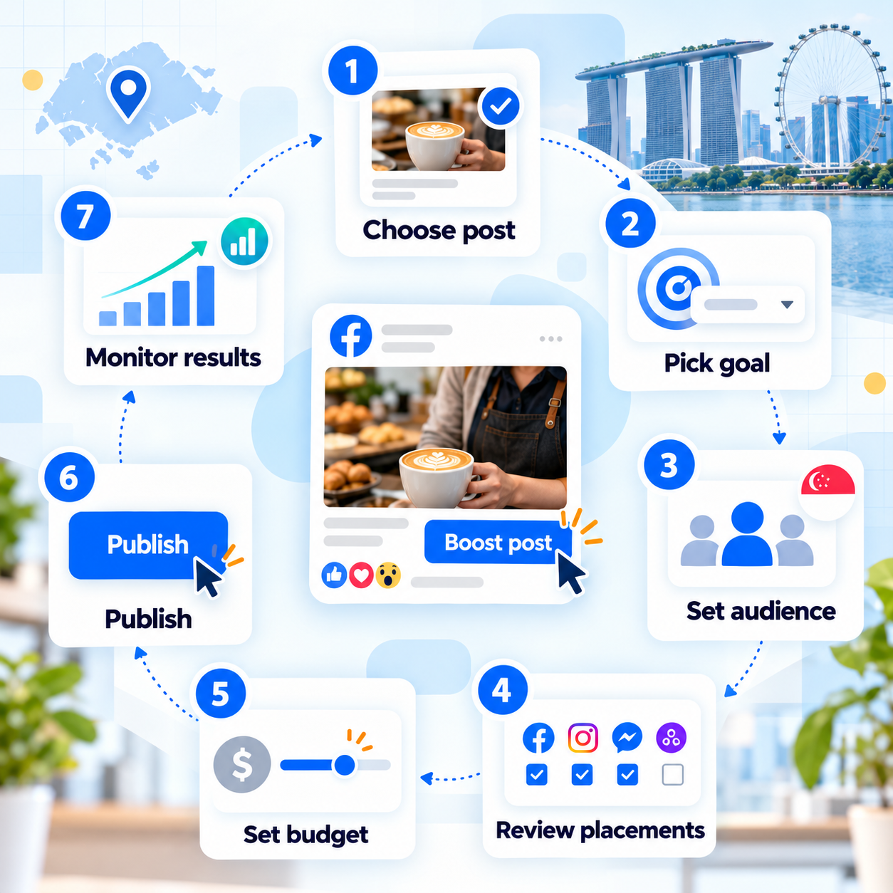 How to Boost Facebook Posts in Singapore: A Practical Guide for Small Businesses (2026) 3 Boost Facebook posts in seven steps by choosing a post, setting a goal and audience, reviewing placements, setting a budget, publishing and monitoring results