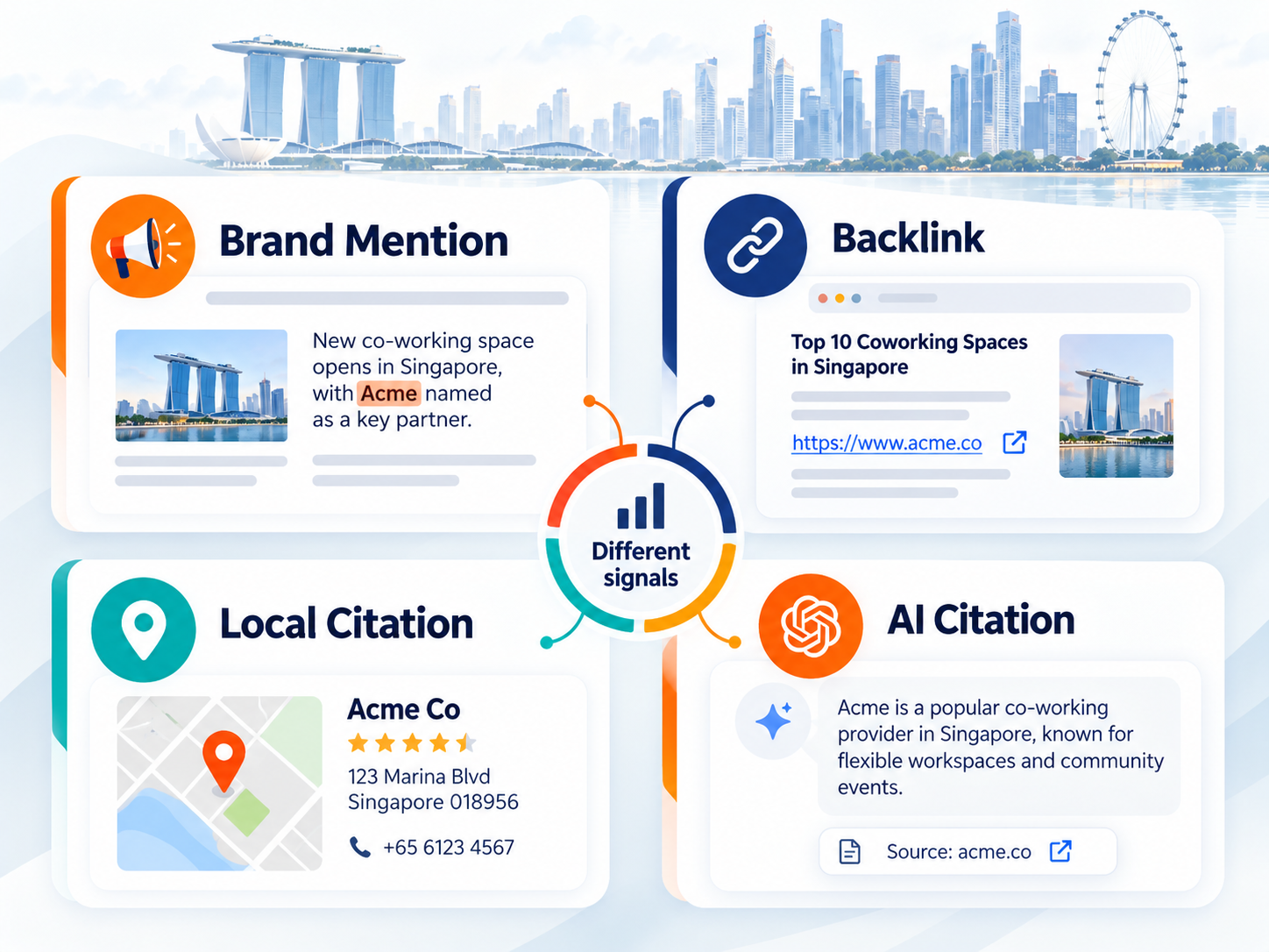 Brand Mentions: The Complete Guide to Tracking, Earning, and Measuring Them in 2026 1 Brand mentions compared with backlinks, local citations, and AI citations as different SEO and visibility signals