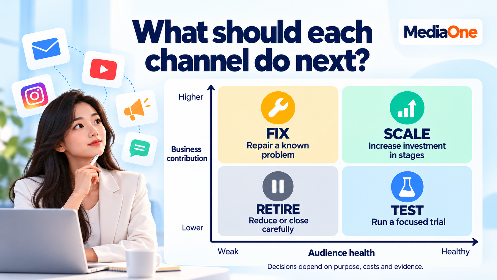 Social Media Audit: How to Review Your Social Presence and Act on What You Find 3 Channel matrix for scale fix test and retire decisions