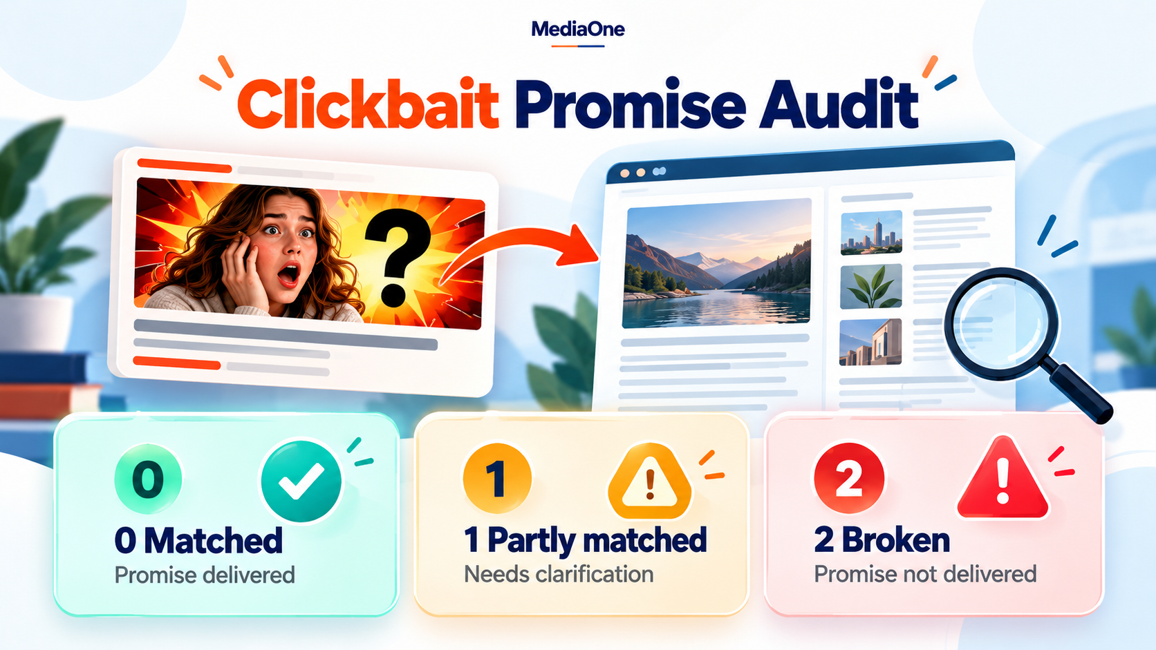 Clickbaiting: What It Is, How It Works and How to Spot It 2 Clickbaiting promise audit comparing whether a headline fully matches, partly matches or fails to deliver on the content
