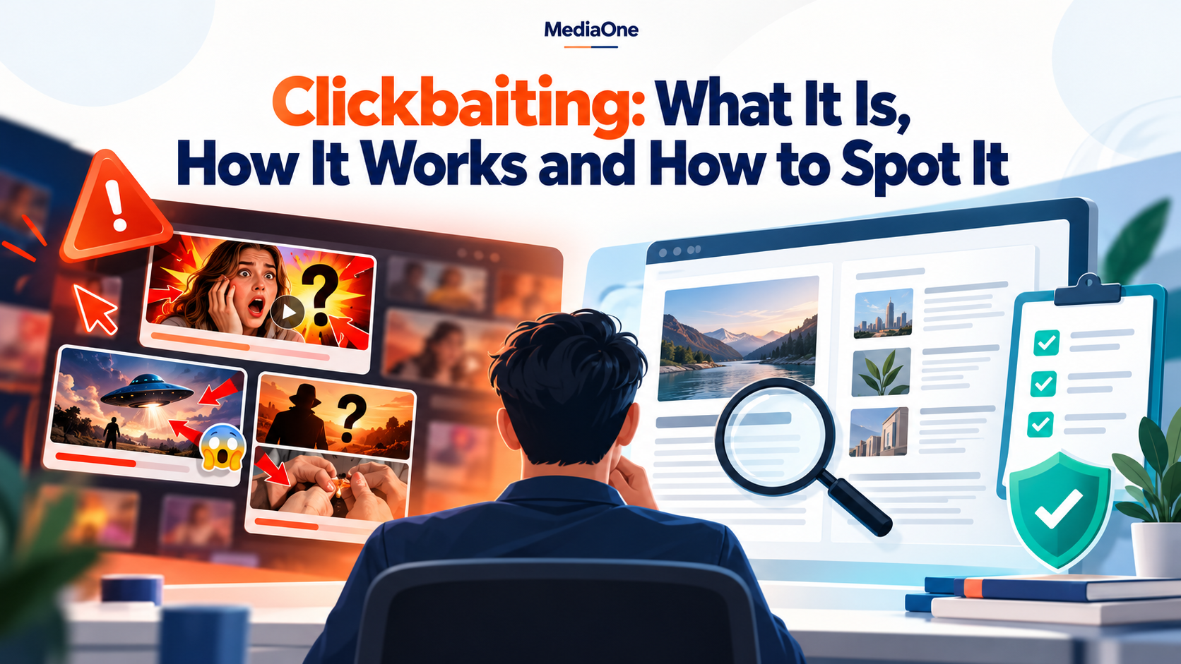 Clickbaiting: What It Is, How It Works and How to Spot It 1 Clickbaiting comparison showing sensational online content versus trustworthy content with verification and credibility checks