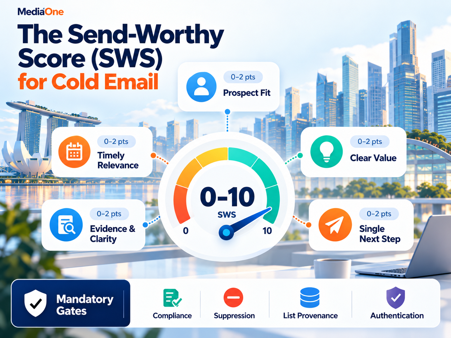 Cold Email Best Practices for Singapore Businesses (2026): A Practical Playbook 2 Cold email best practices scorecard evaluating prospect fit, timely relevance, clear value, evidence, next step, compliance and authentication
