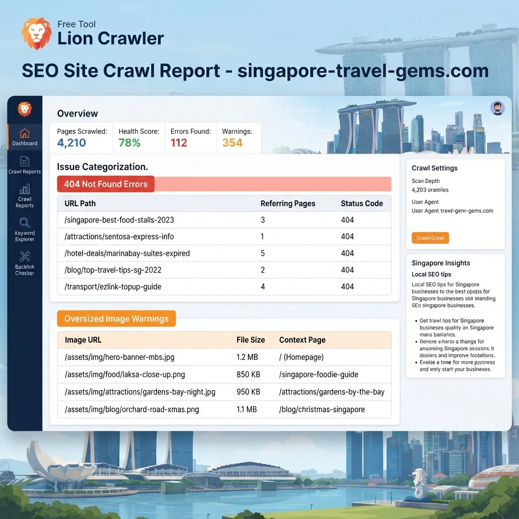 SEO Techniques for Singapore Businesses 1 crawl report from a free SEO crawler, showing flagged URLs grouped under 404 errors and oversized image warnings
