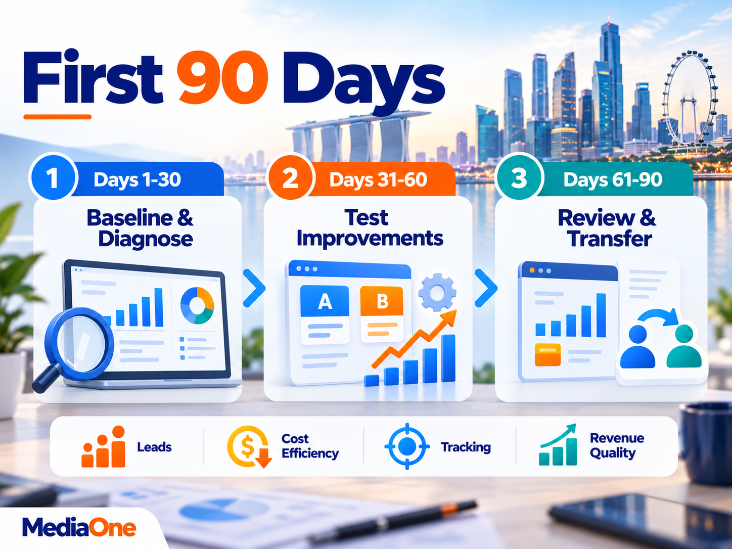 Digital Marketing Consultant in Singapore: When to Hire One and What They Actually Do 3 Digital marketing consultant 90-day plan covering diagnosis, testing improvements, performance review and knowledge transfer