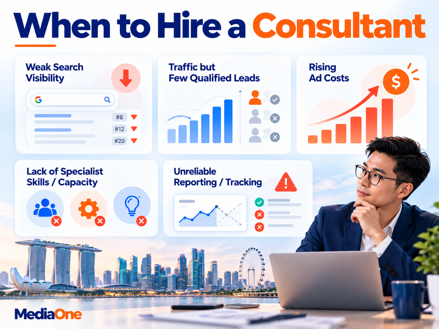 Digital Marketing Consultant in Singapore: When to Hire One and What They Actually Do 1 Digital marketing consultant hiring signs including weak search visibility, poor lead quality, rising ad costs, skills gaps and unreliable reporting
