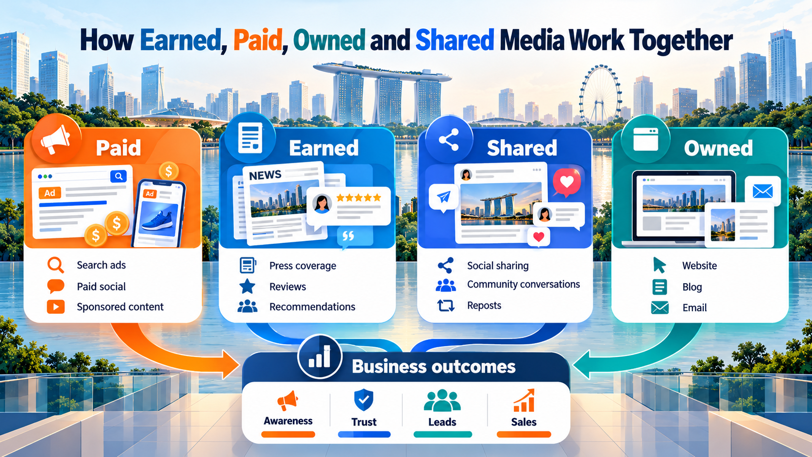 Earned vs Paid Media: How to Choose, Combine and Measure Both in Singapore 2 Earned, paid, shared and owned media working together to drive business outcomes