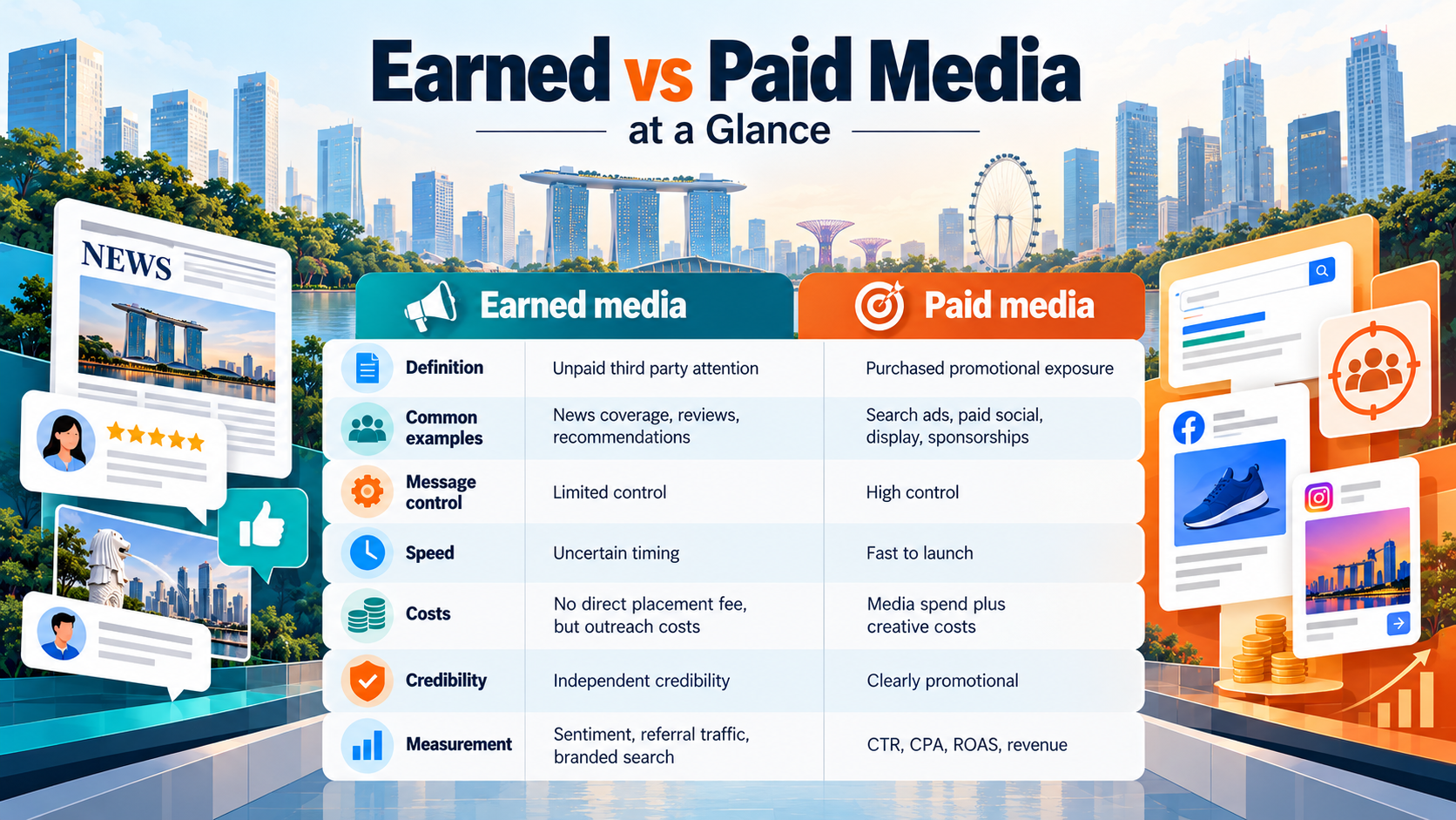 Earned vs Paid Media: How to Choose, Combine and Measure Both in Singapore 1 Earned vs paid media comparison covering costs, control, credibility and measurement