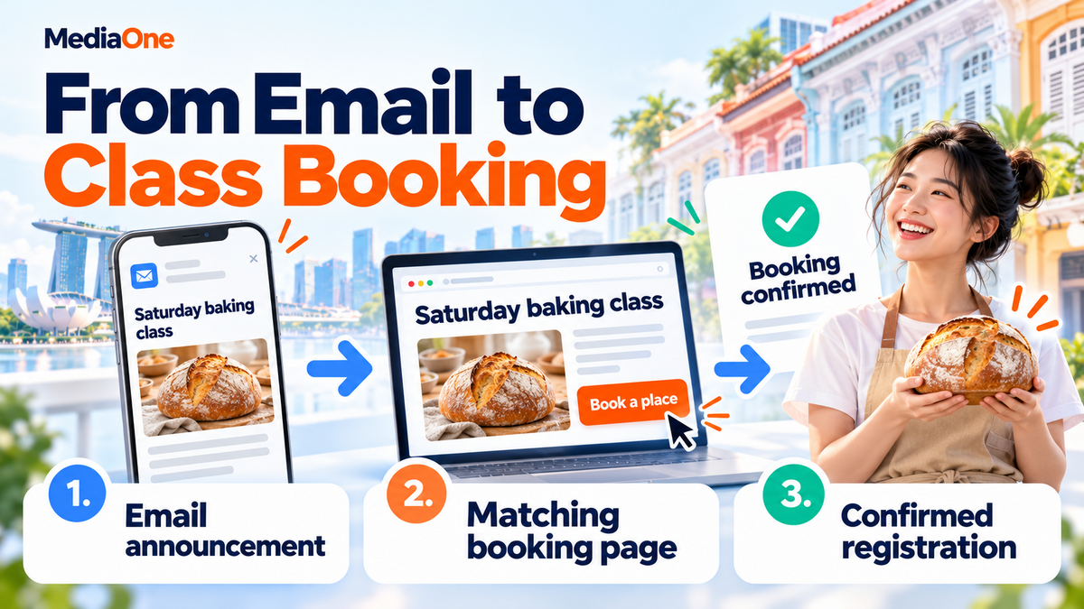 eDM Marketing in Singapore: A Practical Guide for 2026 1 Three steps connect a baking class email announcement to a matching booking page and confirmed registration