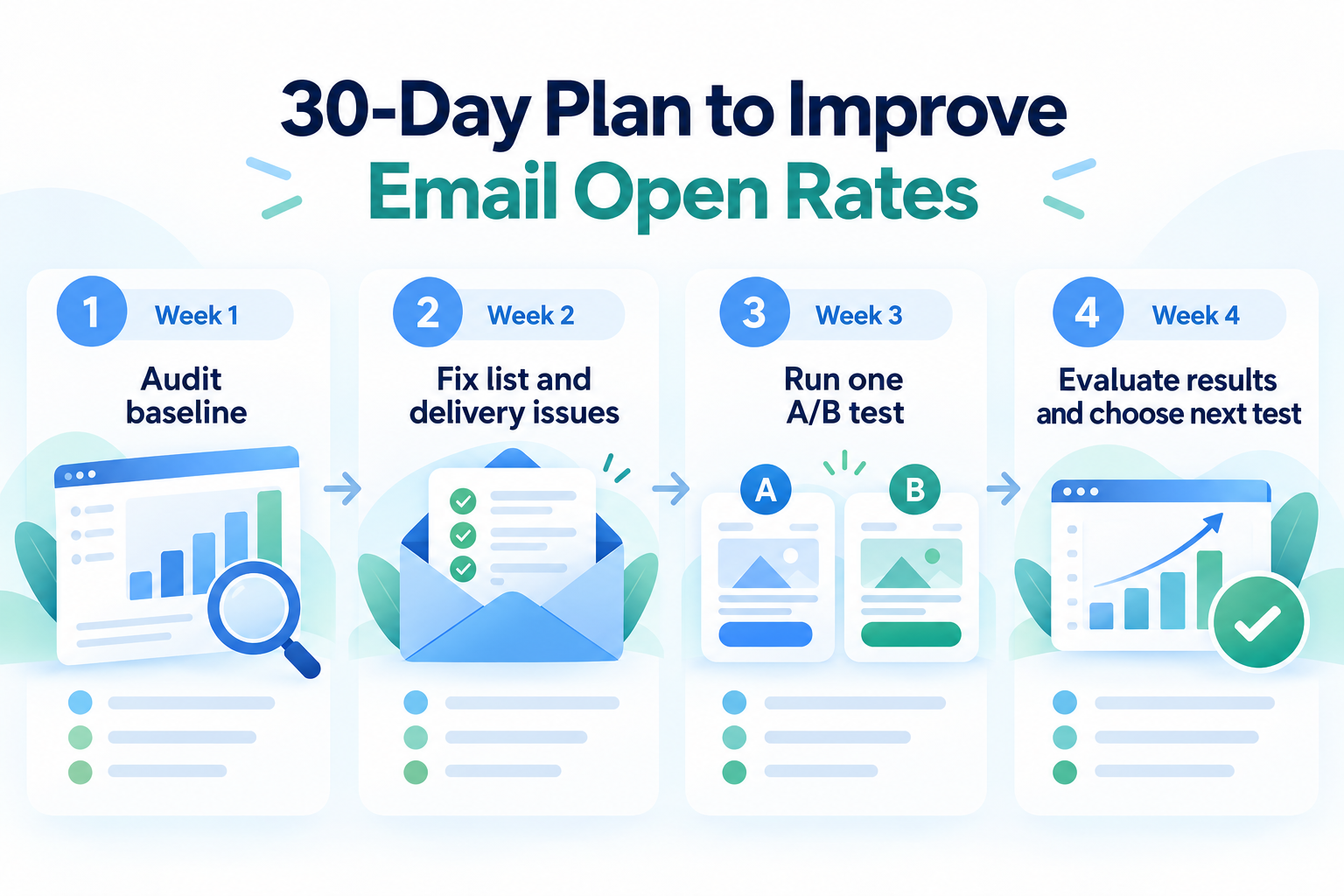 Email Open Rates: What They Measure, What Good Looks Like, and How to Improve Yours 3 30-day plan to improve email open rates through baseline auditing, list and delivery fixes, A/B testing, and performance evaluation