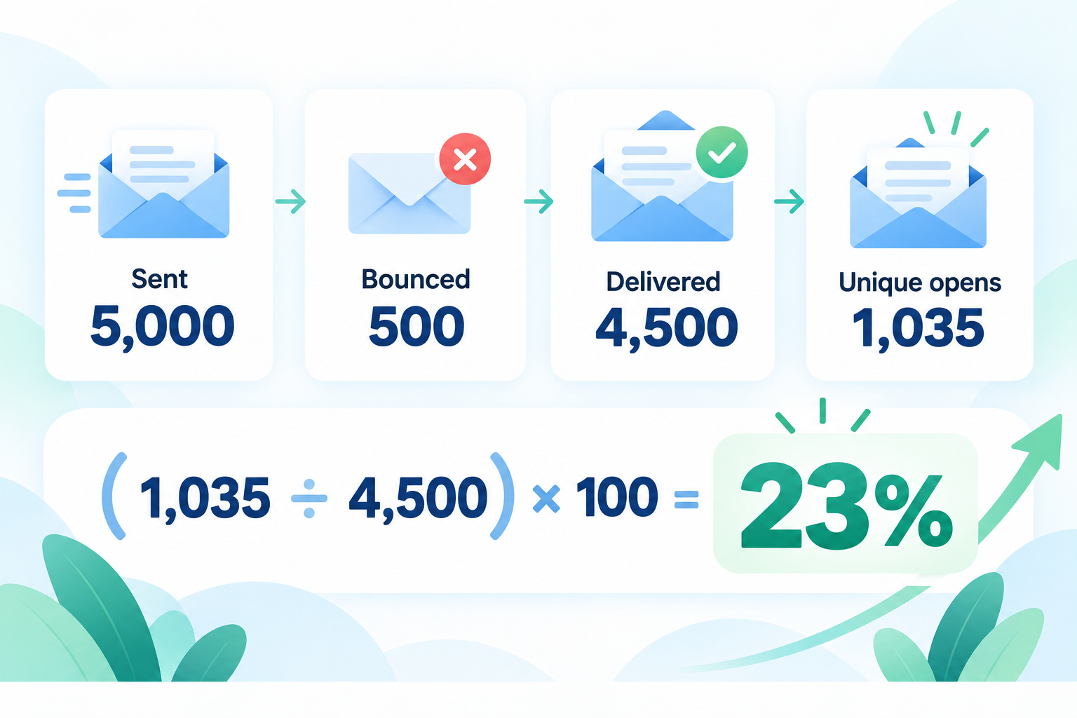 Email Open Rates: What They Measure, What Good Looks Like, and How to Improve Yours 1 Email open rate calculation showing 1,035 unique opens from 4,500 delivered emails for a 23% open rate