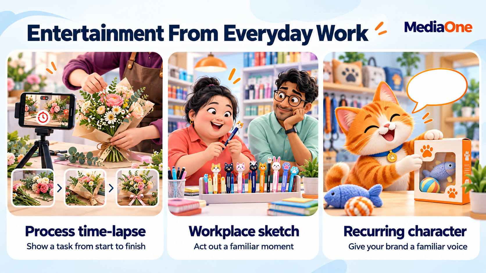 Social Media Post Ideas for 2026: 40+ Ideas for Singapore Brands, Organised by Content Pillar 2 Bouquet filming, a stationery shop sketch and a cat mascot illustrate three entertainment formats