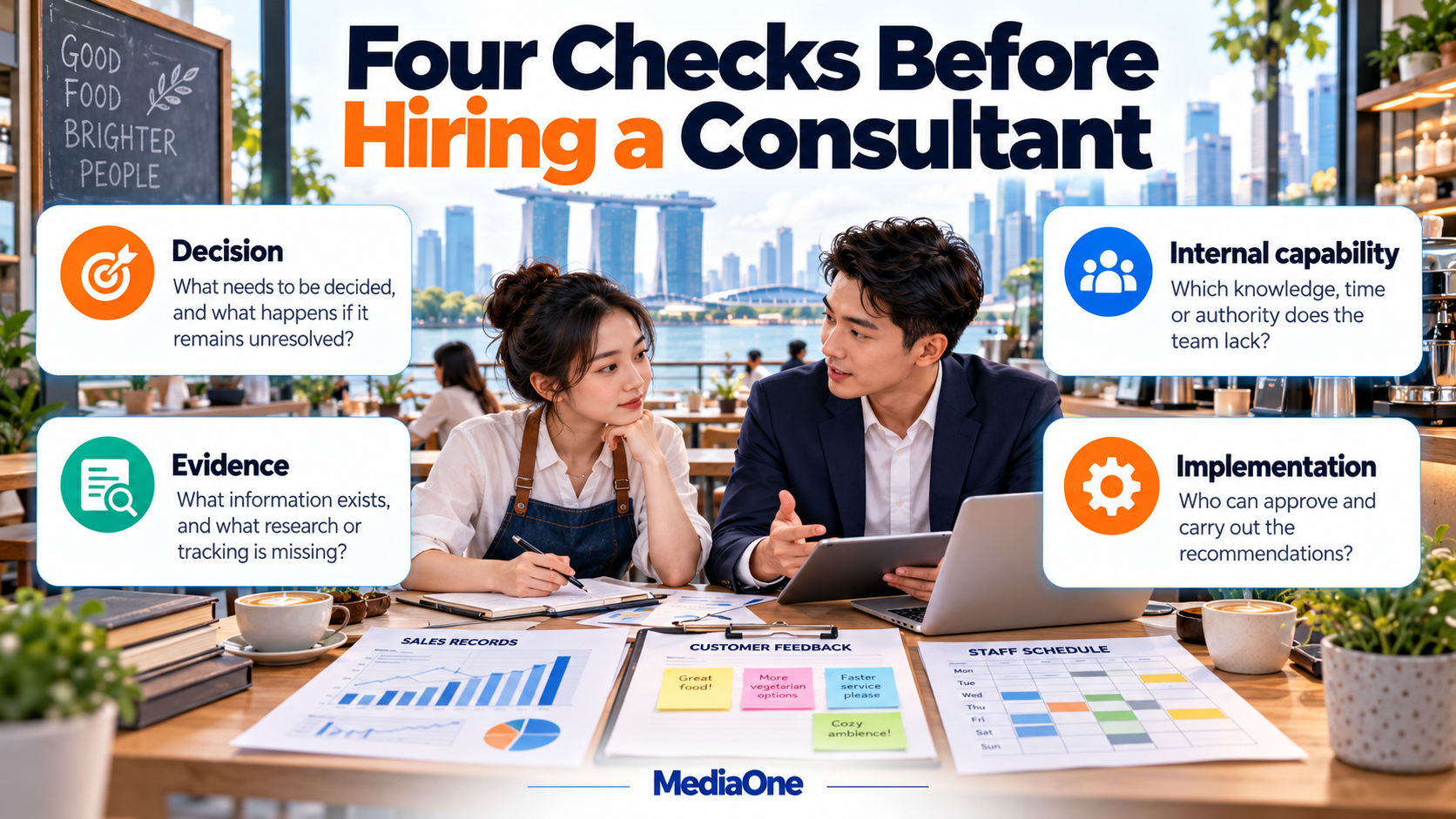 Marketing Management Consulting in Singapore: What It Is, How It Differs, and How to Choose 2 Cafe owner and consultant reviewing business decisions, internal capabilities, sales records and implementation needs