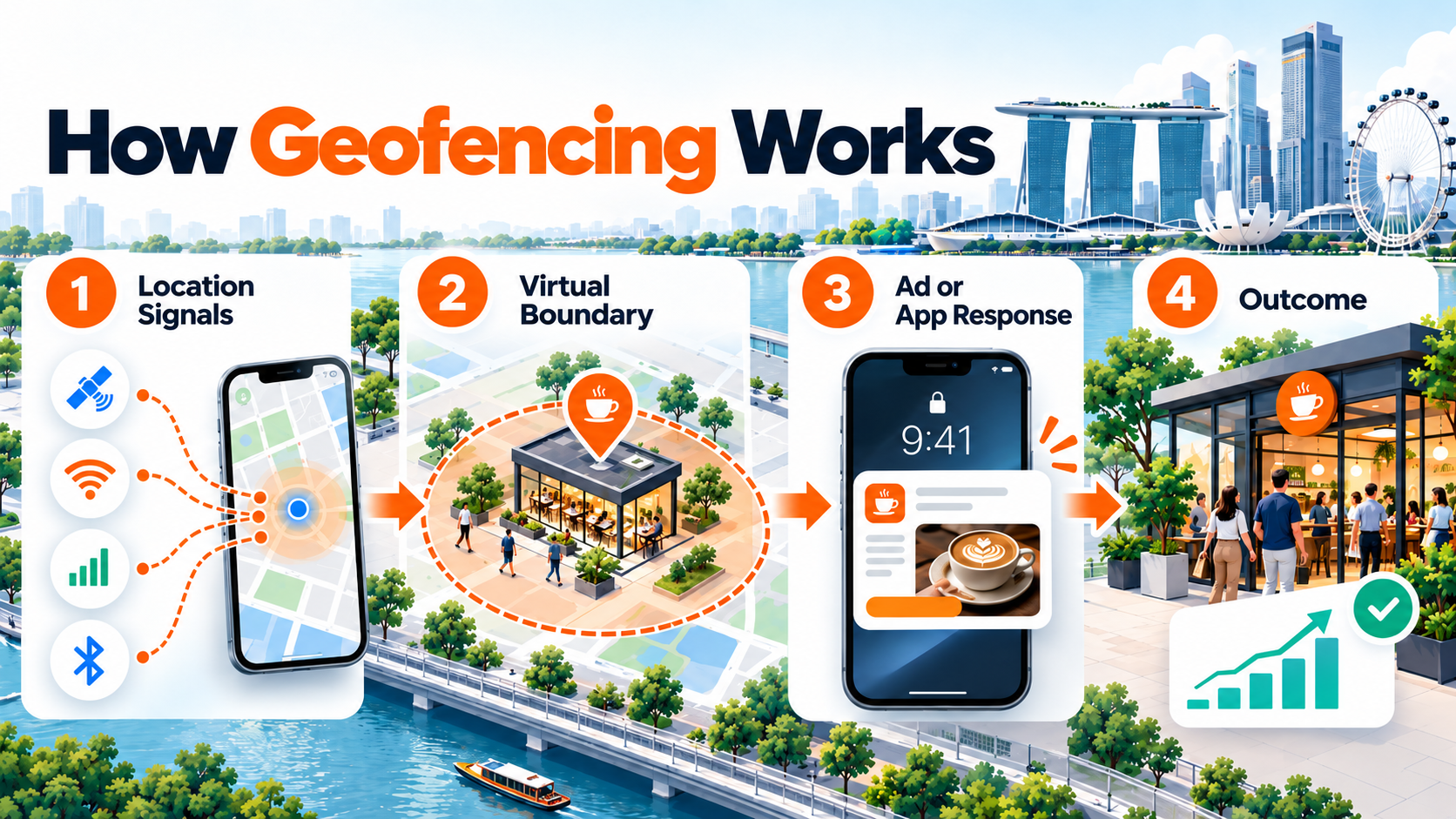 Geofencing Marketing in Singapore: How It Works, What It Costs and Where It Pays Off 2 Geofencing marketing process showing location signals, a virtual boundary, triggered mobile ads and resulting store visits