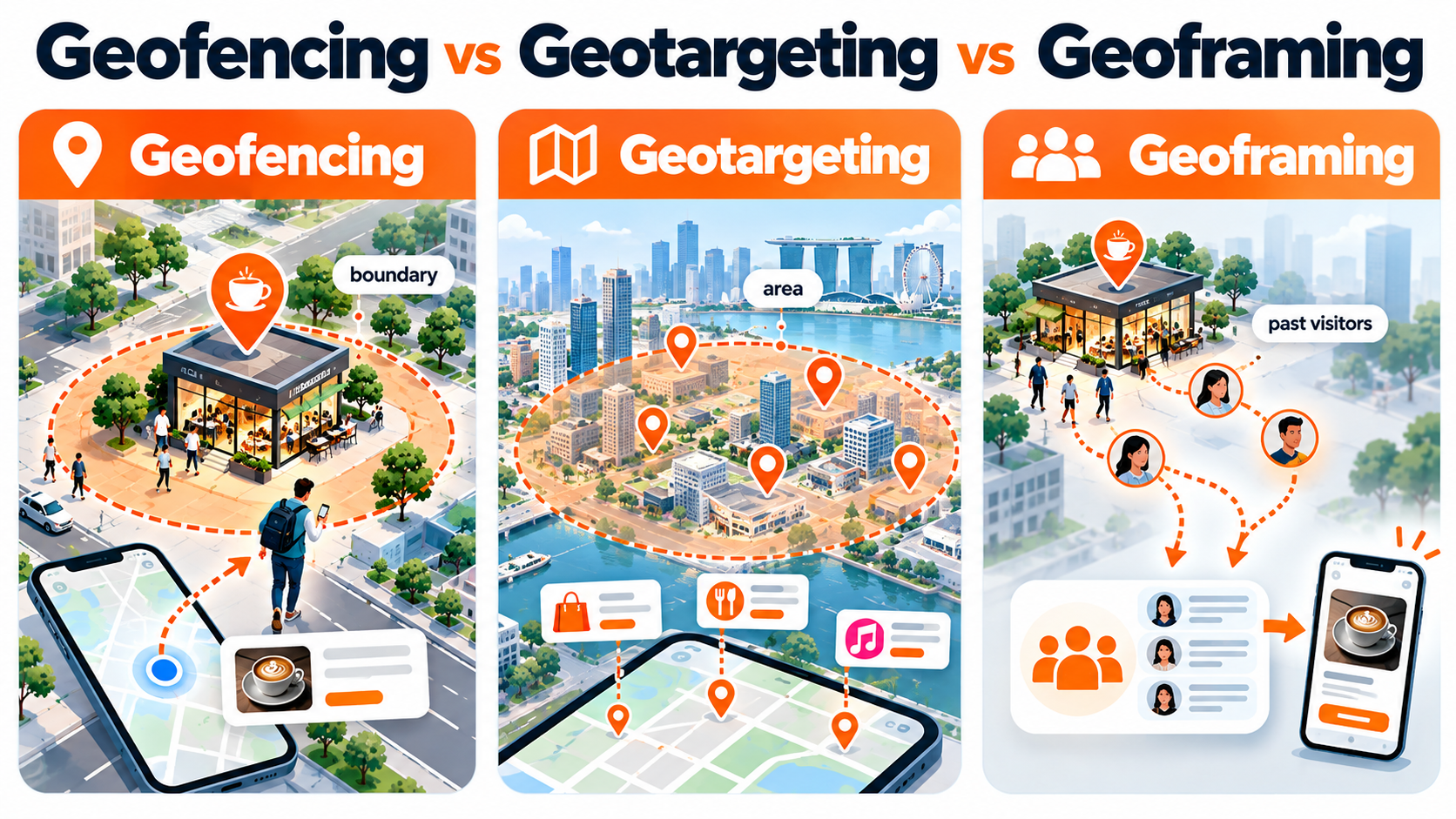 Geofencing Marketing in Singapore: How It Works, What It Costs and Where It Pays Off 1 Geofencing marketing comparison showing the differences between geofencing, geotargeting and geoframing for location-based advertising