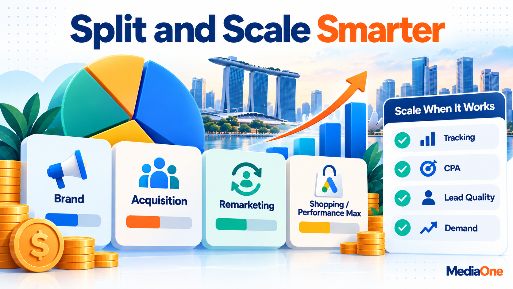 Google Ads Budget in Singapore: How to Set, Split and Stretch S$ for Real Returns 3 Google Ads budget allocation framework showing brand, acquisition, remarketing and Performance Max campaigns with scaling criteria