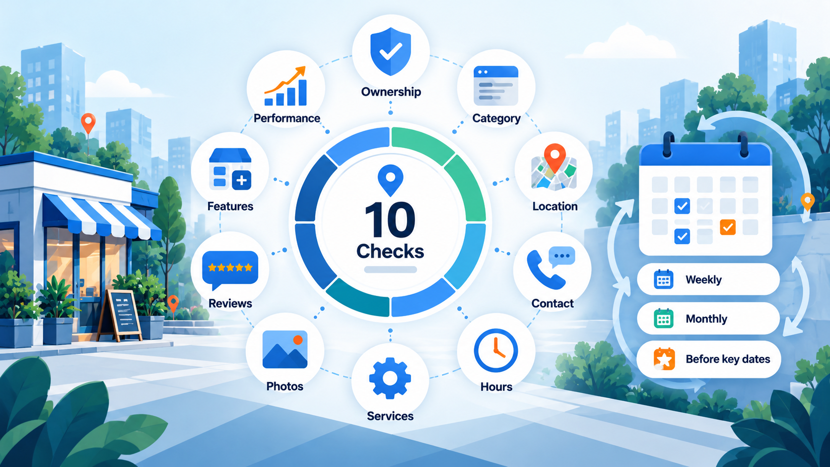 Google Business Profile: How to Set Up, Optimise and Manage It 3 Google Business Profile management checklist covering ownership, category, location, contact details, hours, services, photos, reviews, features, and performance