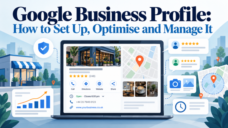 Google Business Profile setup and optimisation showing business details, reviews, photos, location, opening hours, and local search visibility