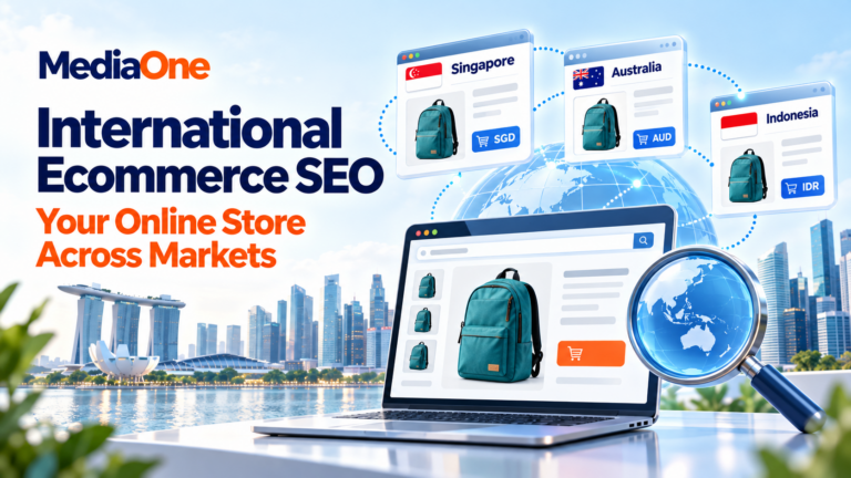 international ecommerce SEO illustration showing a backpack store connected to product pages for Singapore, Australia and Indonesia