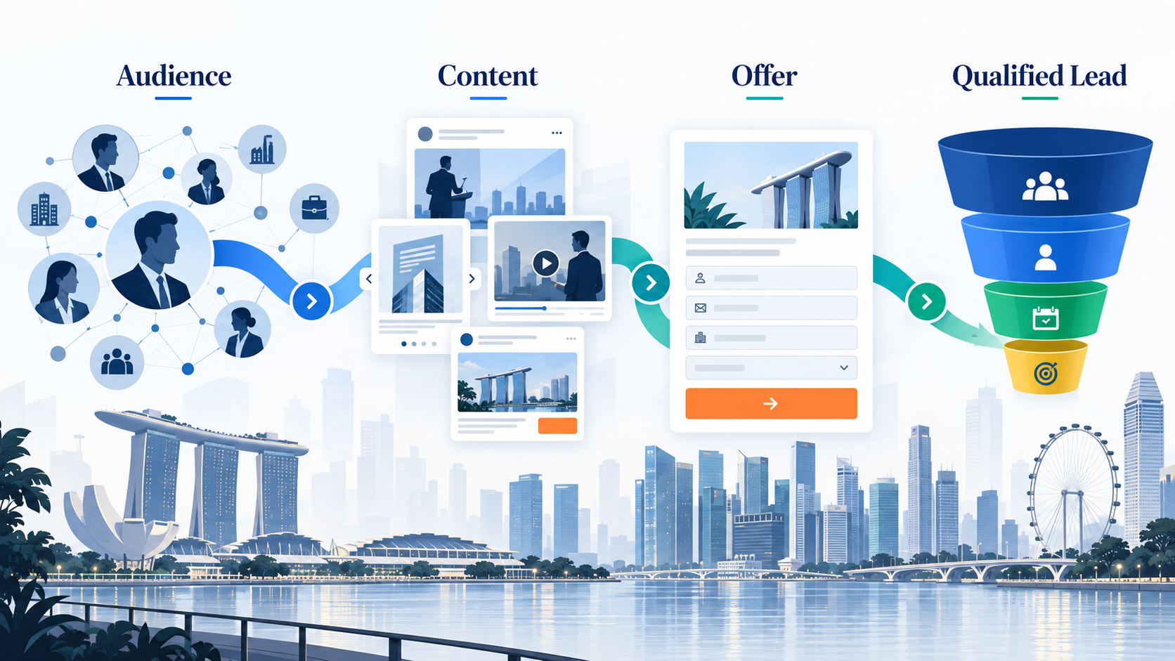 LinkedIn Marketing for B2B: How to Turn Followers Into Leads 1 LinkedIn ad funnel showing audience, content, offer and qualified lead stages in Singapore