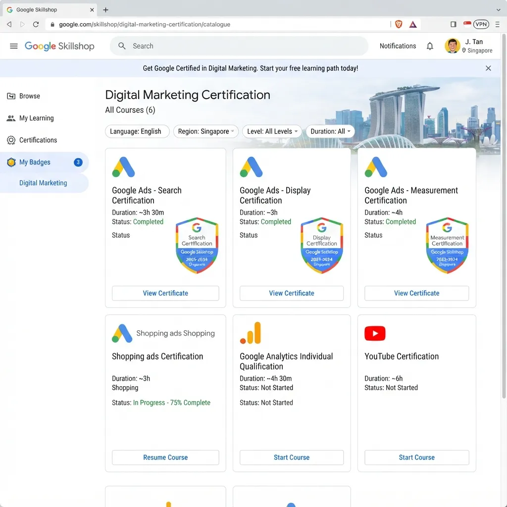 Top Digital Marketing Certifications Singaporeans Should Take in 2026 1 list of free digital marketing certification modules with their completion status and an exam badge