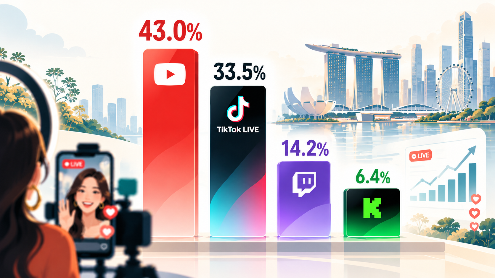 Live Streaming Trends in 2026: Where the Audience, Money and Platforms Are Heading 1 Live streaming trends in 2026 comparing platform audience share across YouTube, TikTok LIVE, Twitch and Kick