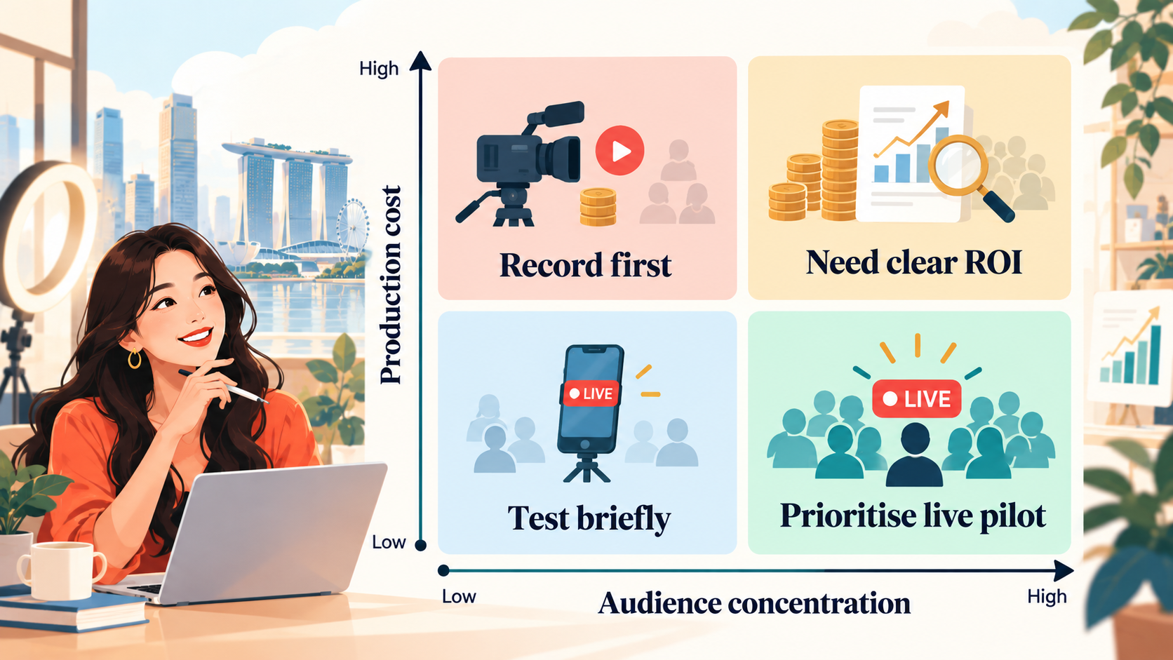 Live Streaming Trends in 2026: Where the Audience, Money and Platforms Are Heading 3 Live streaming trends decision matrix comparing production cost and audience concentration to guide whether brands should record first, test briefly, prioritise a live pilot or require clear ROI