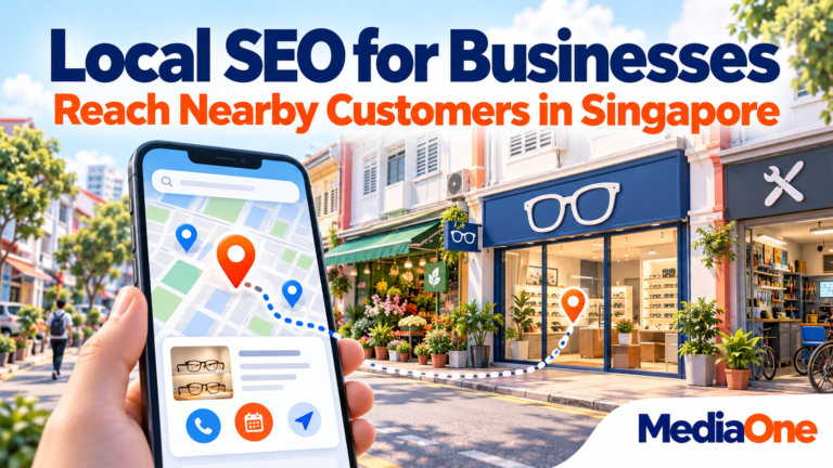 Local SEO for businesses illustrated by a phone map connecting customers with Singapore neighbourhood shops